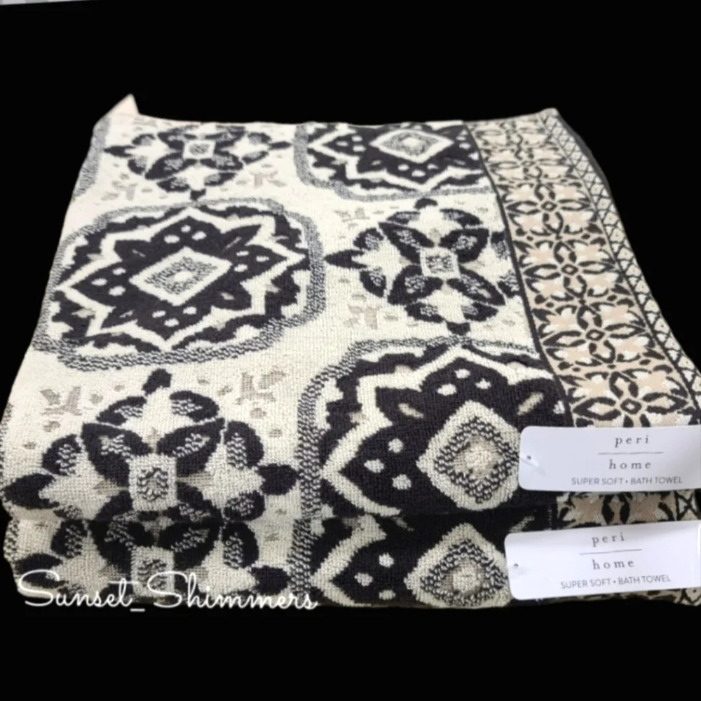 6pc Peri Home Tan & Black Mediterranean Tile Bath Hand Tip Towel Set New